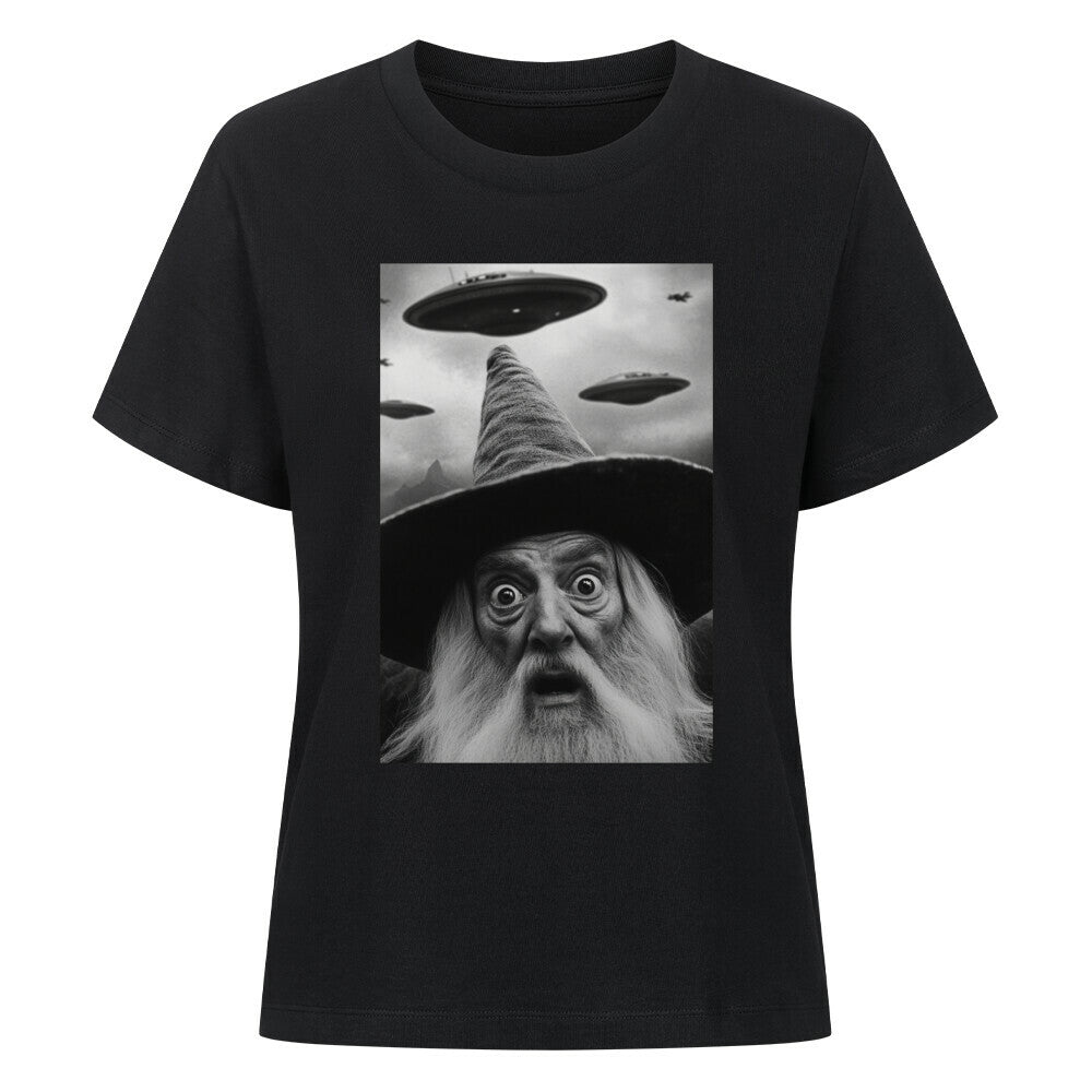 Damen T-Shirt Funny Wizard with Ufos lustiger Zauberer mit Ufos