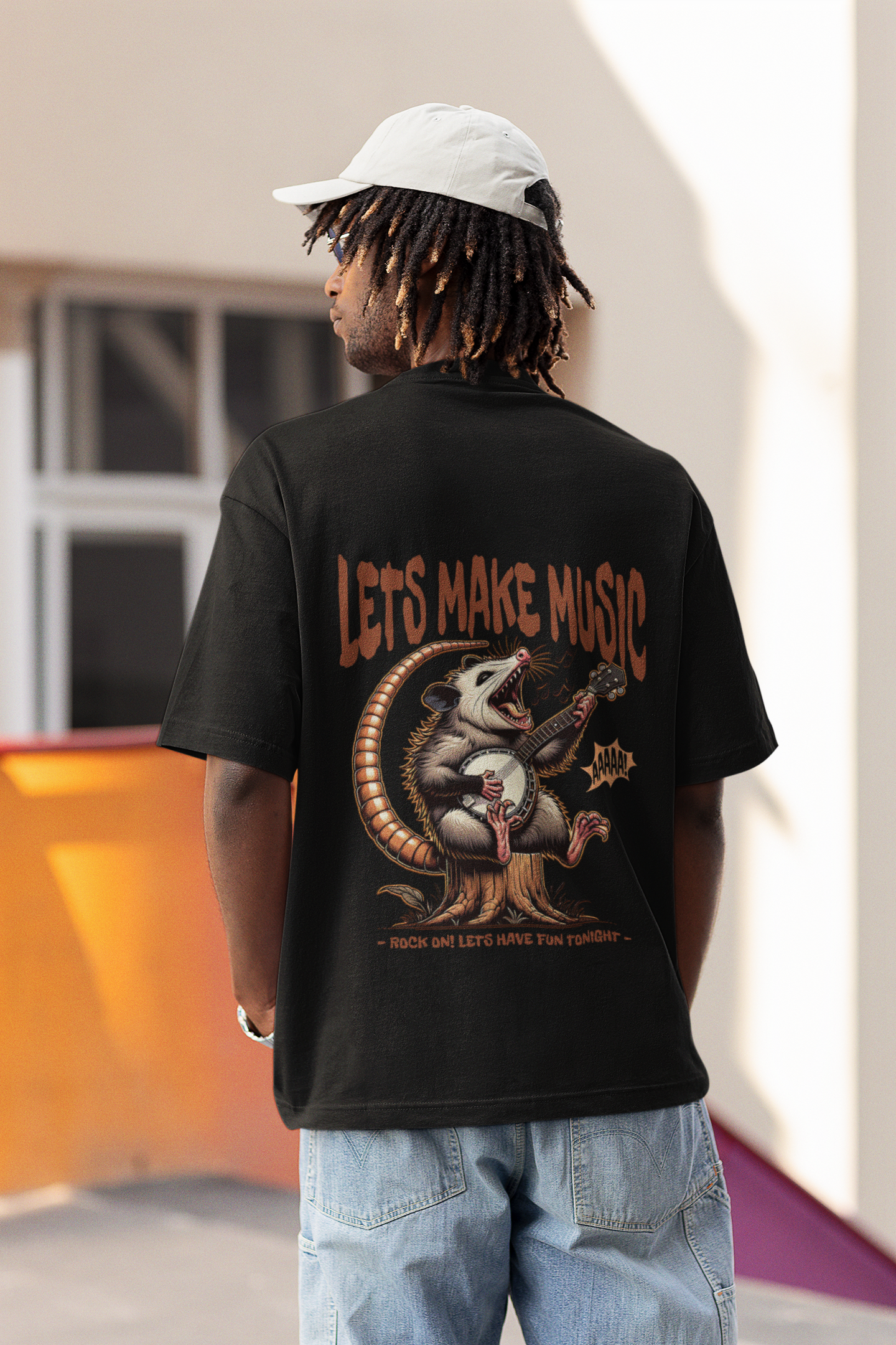 T-Shirt Unisex Opossum spielt Banjo Backprint