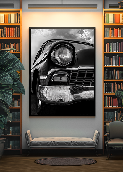 Fotografie_ schwarz-weiß Oldtimerauto auf Leinwand gedruckt