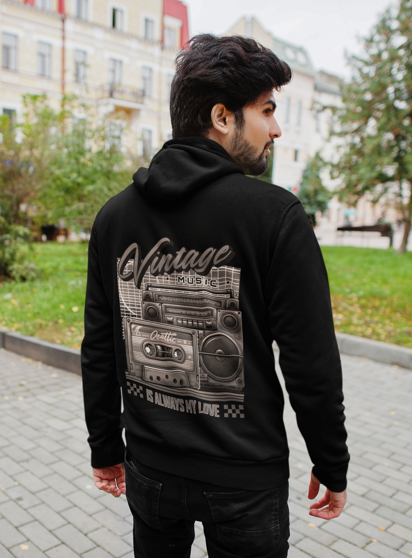 Vintage Music_Backprint_Classic Hoodie - Mit Taschendruck